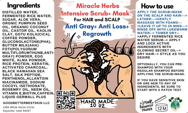 Hair Anti-gray+thickening+ Regrowth Ancient Miracle Herbs all in one Scalp scrub& mask Fo-ti and Rosemary 10oz