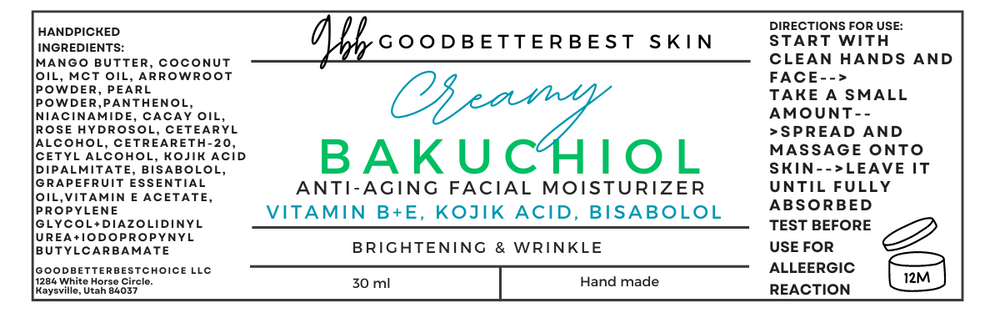 Creamy Bakuchiol anti-aging facial moisturizer with Vitamin B+E, Kojik acid, Bisabolol  30ml 60ml