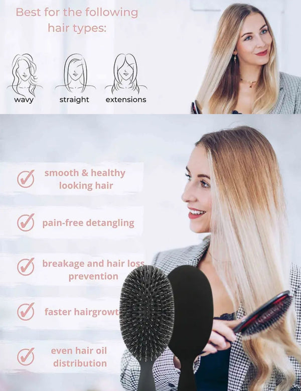 Black Matte Boar Bristle Waterproof Hair Brush – For Fine to Thick Hair, Wigs, Extensions, Gentle Scalp Massage & Improved Hair Appearance