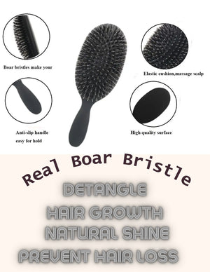 Black Matte Boar Bristle Waterproof Hair Brush – For Fine to Thick Hair, Wigs, Extensions, Gentle Scalp Massage & Improved Hair Appearance