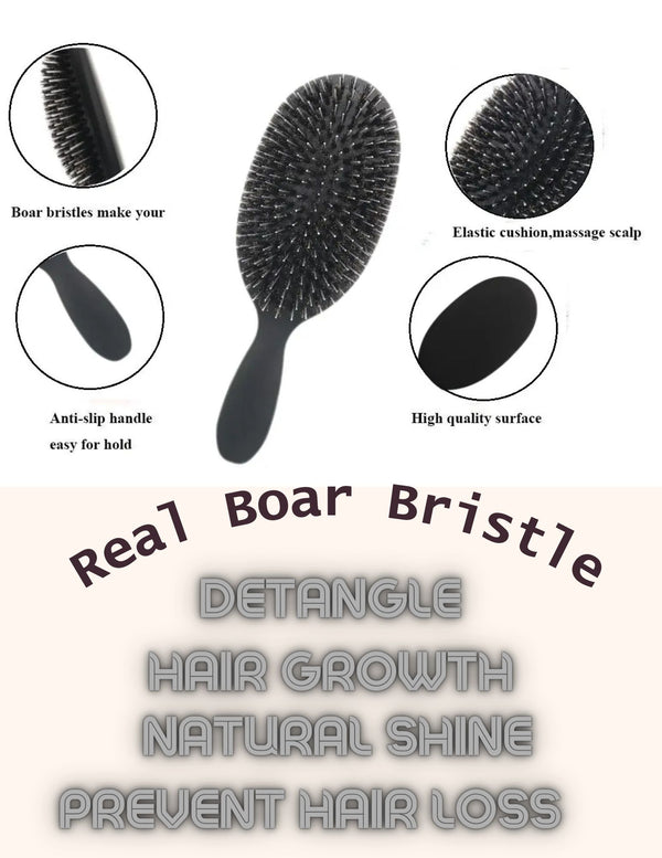 Black Matte Boar Bristle Waterproof Hair Brush – For Fine to Thick Hair, Wigs, Extensions, Gentle Scalp Massage & Improved Hair Appearance