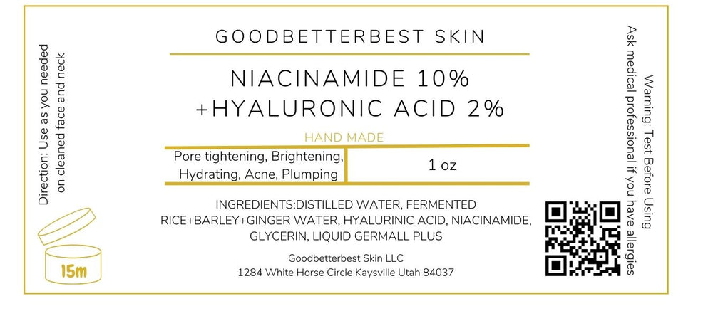 Niacinamide 10% +Hyaluronic acid in the fermented rice water serum for Pore tightening, Brightening, Hydrating, Acne, Plumping 1oz