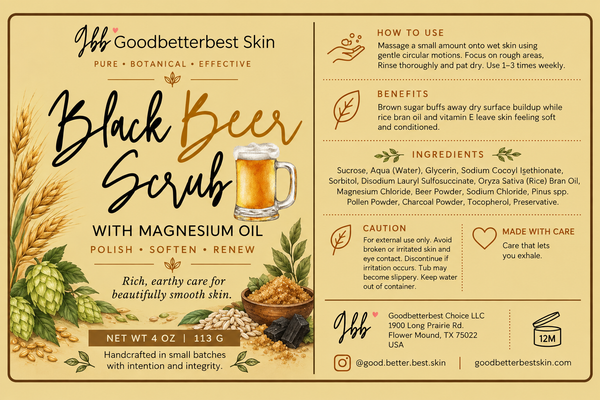 Black Beer Scrub with Magnesium Oil Rich Exfoliation + Skin-Softening Care 2 oz, 4 oz, 8 oz