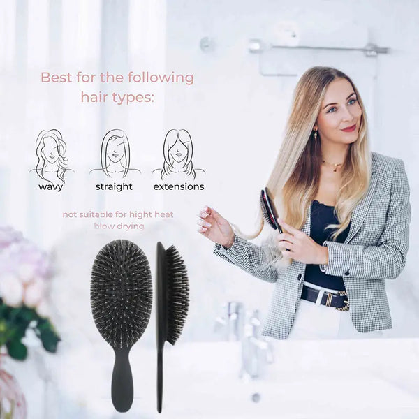 Black Matte Boar Bristle Waterproof Hair Brush – For Fine to Thick Hair, Wigs, Extensions, Gentle Scalp Massage & Improved Hair Appearance