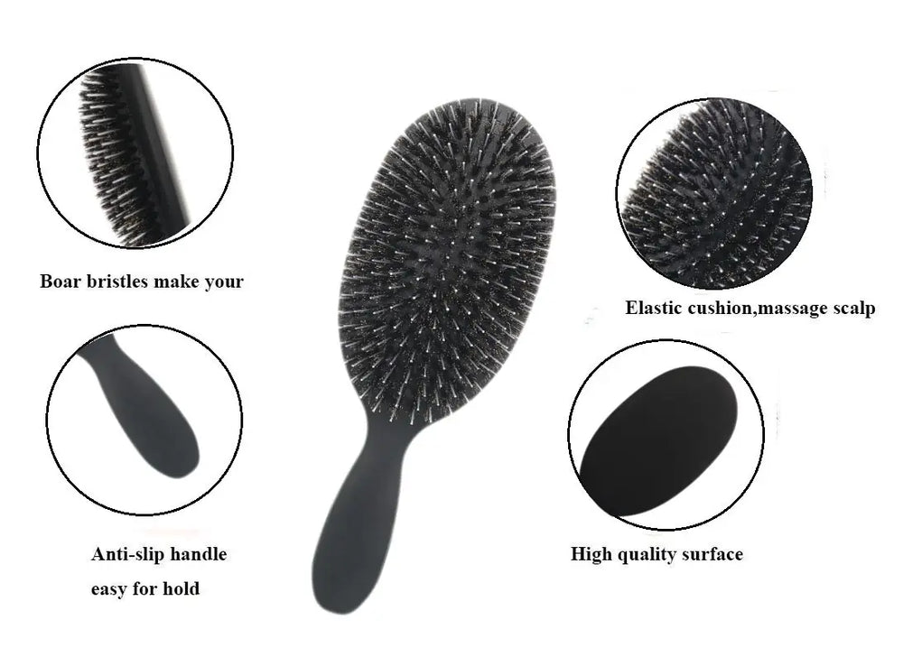 Black Matte Boar Bristle Waterproof Hair Brush – For Fine to Thick Hair, Wigs, Extensions, Gentle Scalp Massage & Improved Hair Appearance