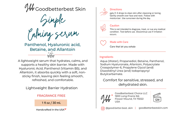 Calming Serum- Barrier Hydration  Comfort for sensitive, stressed, and dehydrated skin 1 oz